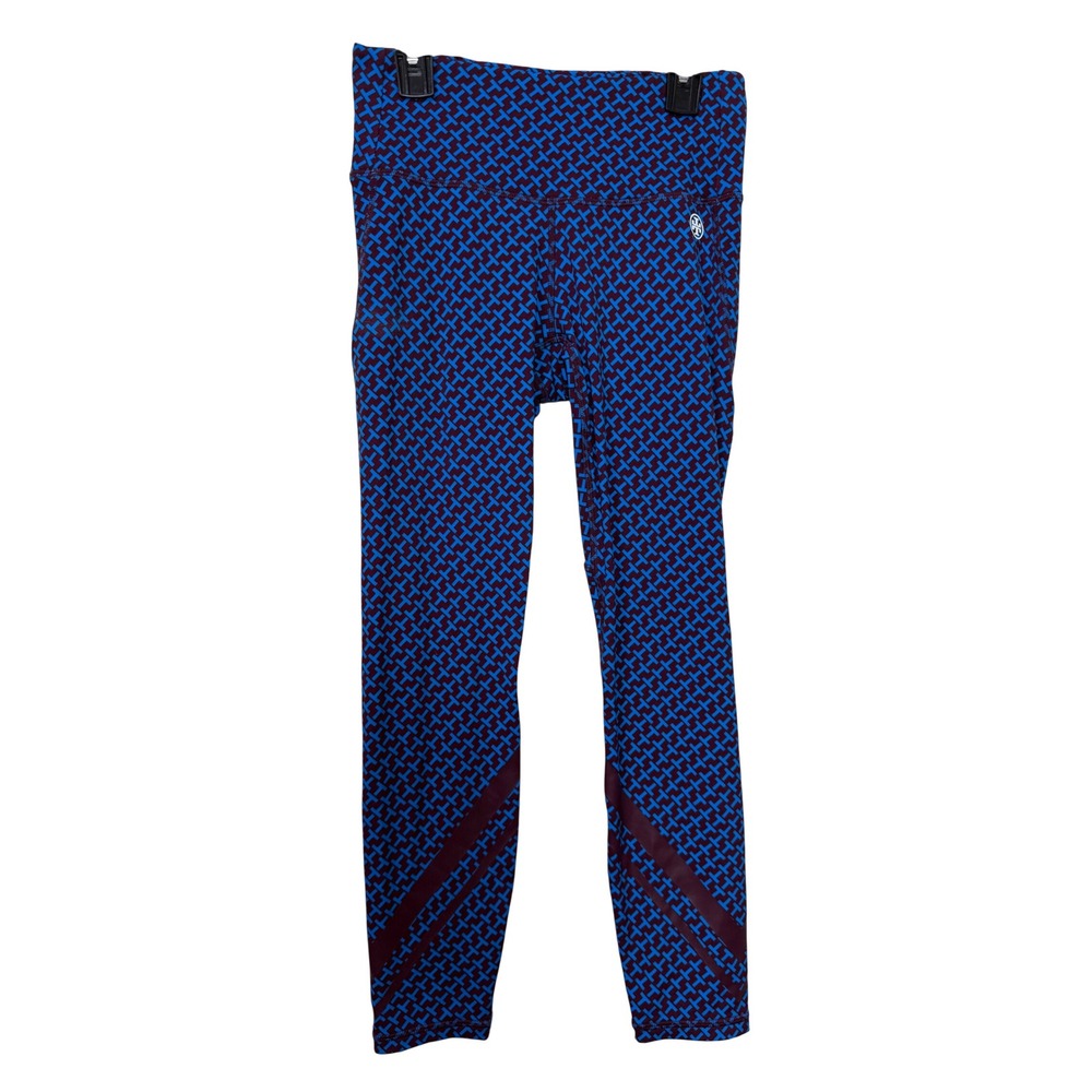 Tory Sport Blue Burgundy Geometric T Logo High Rise Activewear Leggings Small
